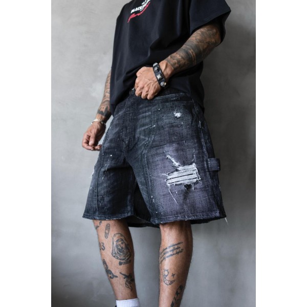 Siyah Bol Kesim Yırtık Detay Kot Şort