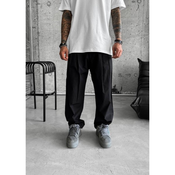 Sade Siyah İp İnce Kumaş Baggy Pantolon