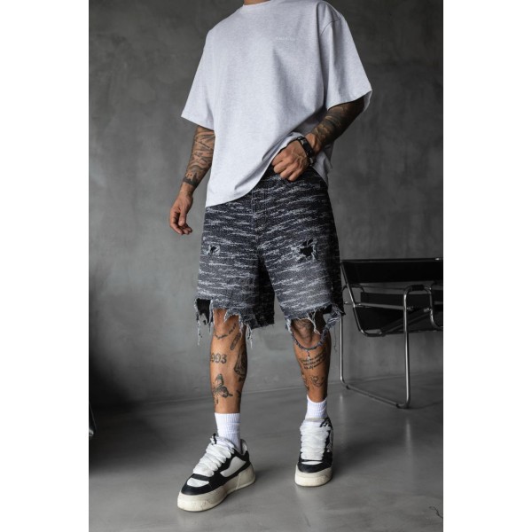 Özel Tasarım Zır Yırtık Gri Siyah Kot Şort