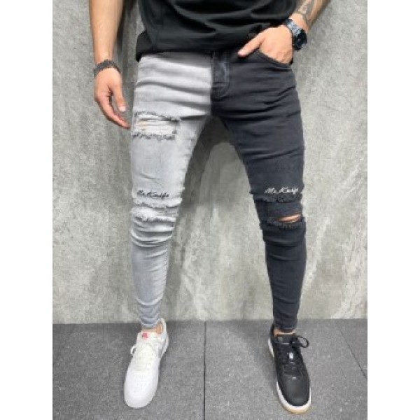 Siyah Gri Çift Renk Dizler Yırtık Kot