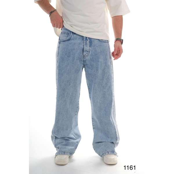 Yan Şerit Detay Paça Kesik Mavi Baggy Kot Pantolon