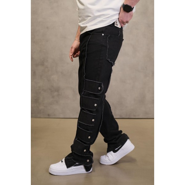 Zır Tasarım Siyah Paça Fermuar Detay Baggy Kot Pantolon