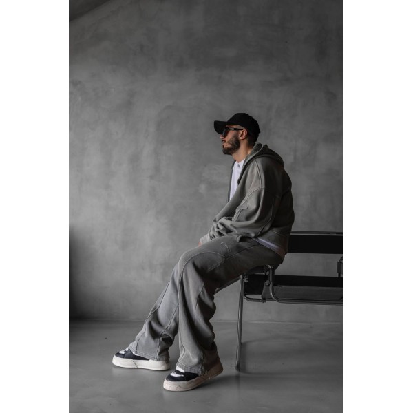 Yıkamalı Açık Gri Fermuarlı Üst Baggy Alt Takım