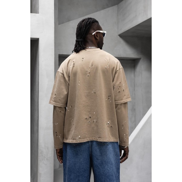 Çift Parça Renge Renk Beyaz Boya Detaylar Bej Sweatshirt