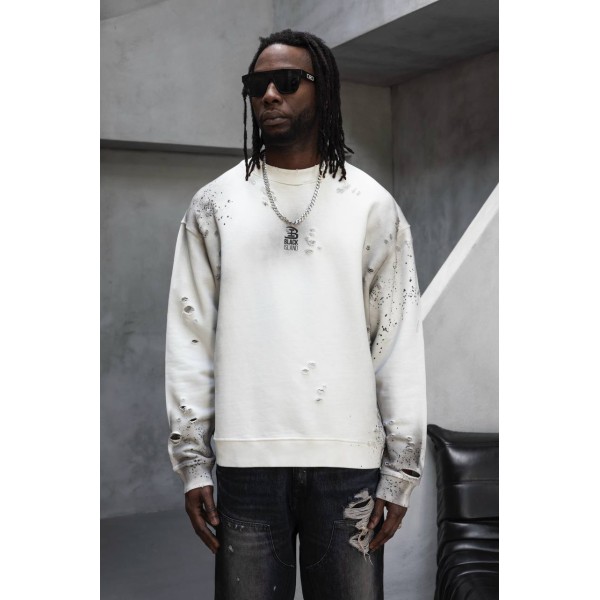 Beyaz Yırtık Yıkama Detaylar Kapüşonsuz Dip Diri Sweatshirt