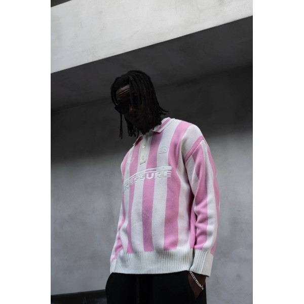 Pembe Beyaz Çizgili Polo Yaka Triko Kazak