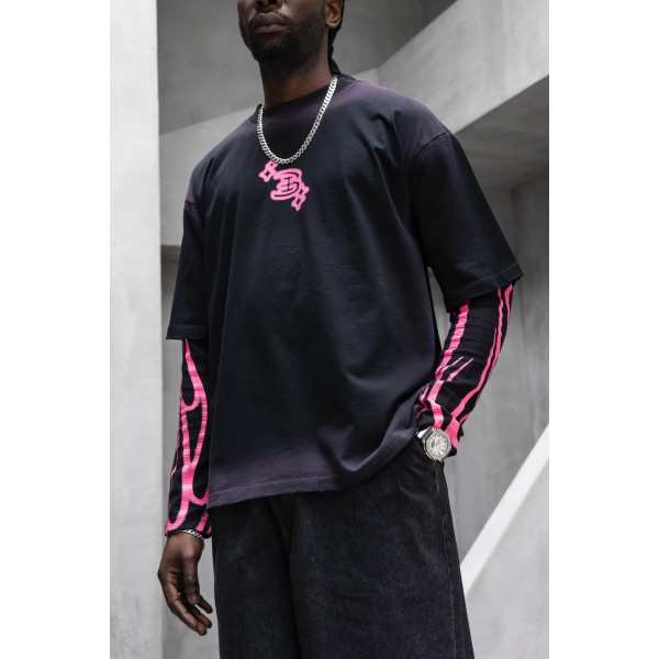 Çift Parça Neon Pembe Yazı Detay Kapüşonsuz Sweatshirt