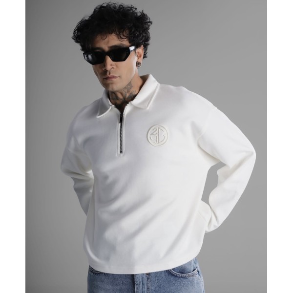 Sade Polo Yaka Fermuar Detay Beyaz Sweatshirt