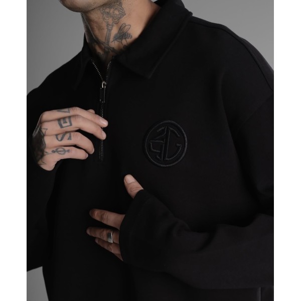 Sade Polo Yaka Fermuar Detay Siyah Sweatshirt