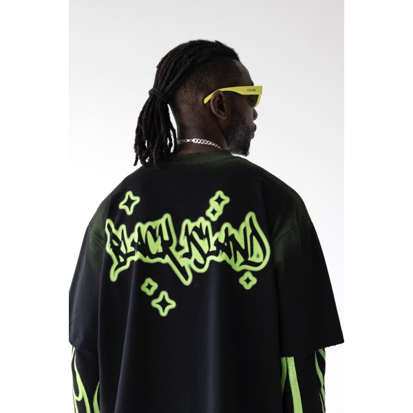 Çift Parça Neon Yeşil Yazı Detay Kapüşonsuz Sweatshirt