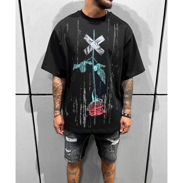 Gül Detay Siyah Oversize Tshirt